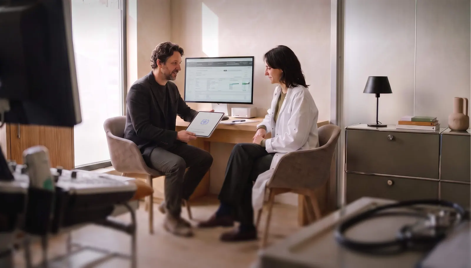 A pharma representative and a physician reviewing information together in a consultation room